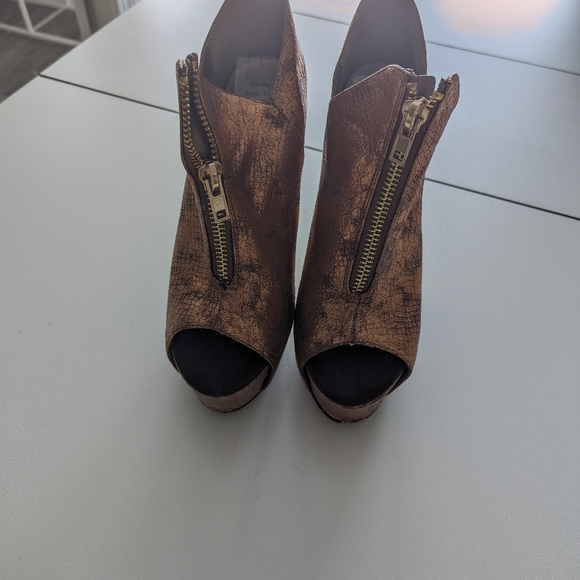 Bronze Snakeskin Peeptoe High Heel Booties - Picture 2 of 5